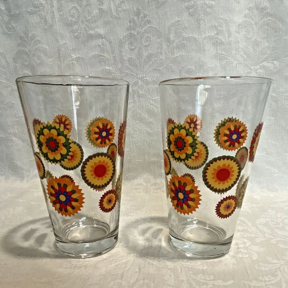 Vintage Pasabahce MCM Kaleidoscope 12oz Tumbler Glasses Set of 2 Retro 70s 5.5
